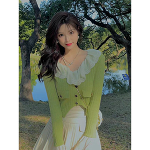 绿色蕾丝毛衣外套女秋季设计感小众温柔系小香风甜美针织开衫上衣