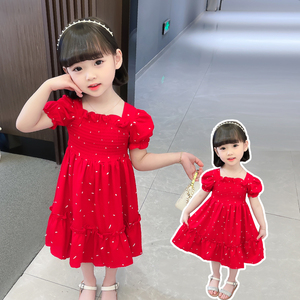 女童连衣裙夏季洋气儿童裙子2022新款网红女宝宝小女孩红裙子韩版