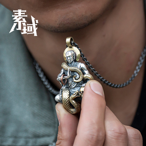 素域原创手工银饰 999足银吊坠 蛇心禅佛纯银项链挂件 钥匙扣