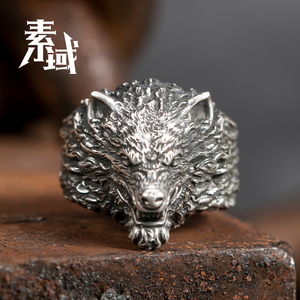 素域狼王狼头纯银戒指男粗犷霸气厚重小众朋克戒子复古狼图腾指环