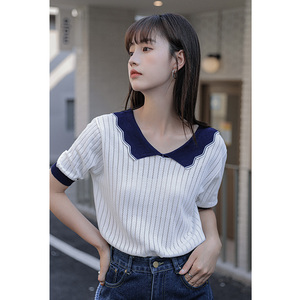 撞色花边娃娃领短袖t恤女夏正肩翻领镂空设计感小众冰丝针织上衣