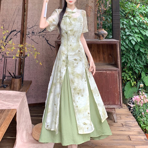 夏季大码新中式女装旗袍复古国风印花高级感气质显瘦两件套连衣裙