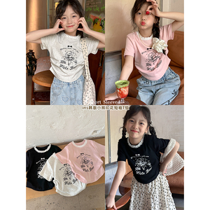 韩国夏装女童蕾丝领卡通纯棉短袖T恤儿童女团风黑白灰色半袖上衣