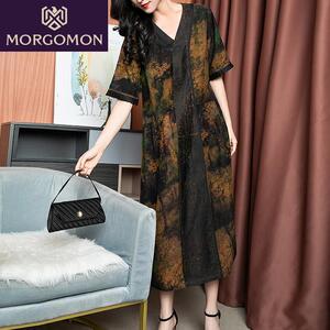 42morgomon慕格蔓旗舰店天猫新款春装连衣裙长袖印花复古v领气质
