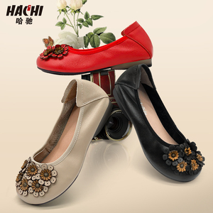 哈驰2022新款春季浅口小众设计女鞋软皮单鞋真皮圆头复古舒适鞋