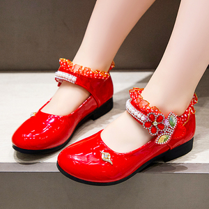 女童民族舞蹈鞋夏款女孩花童小皮鞋红色珍珠演出鞋大童洋气公主鞋