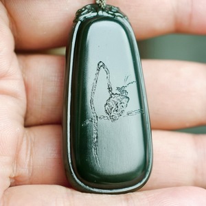 v705和田玉碧玉阴雕花鸟件莲花蜻蜓挂件爱莲莲蓬亭亭玉立吊坠玉牌