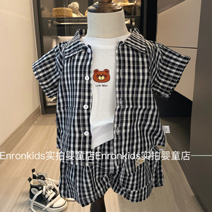 韩国童装婴儿夏季套装薄款莫代尔短袖格子衬衫短裤两件套小童夏装
