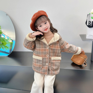 女小童冬季2023新款上衣洋气时尚小女孩韩版百搭休闲格子毛毛外套
