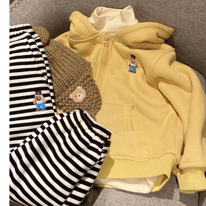 韩国童装女童黄色卫衣2024春装时尚洋气儿童宽松卡通小熊连帽上衣