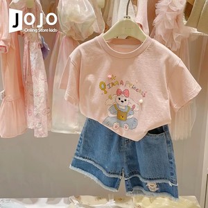 韩国童装女童短袖T恤2024夏季洋气儿童卡通甜美粉色女宝猫咪上衣