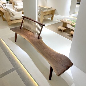 简约现代黑胡桃大板实木中岛长椅子原木自然长条凳餐厅带靠背温莎