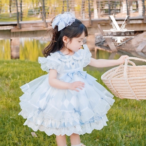 夏季短袖蓝色女仆欧根纱爱丽丝洛丽塔连衣裙女童西班牙公主洋气