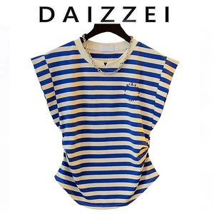 DAIZZEI~蓝条纹T恤女短袖设计感小众韩风chic抽褶收腰显瘦上衣潮