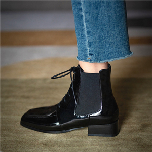 skyshoes短靴女单靴粗跟靴子真皮中跟方头松紧漆皮短筒英伦马丁靴