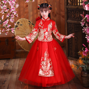 胖女童汉服古典乐器演奏服装大码儿童旗袍中国风套装儿童红色唐装
