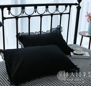 欧式美式 全棉纯棉韩式黑色蕾丝单人枕套一对包邮多种纯色百搭款