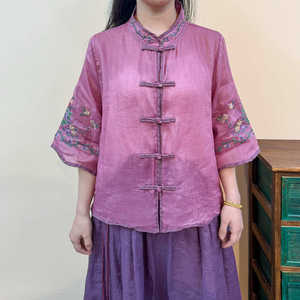 梅子家棉麻女装新中式国风衬衫上衣复古立领刺绣盘扣民族风短外套