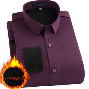 琴曼集团保暖衬衫男加厚弹力一体绒爸爸本命年紫红色提花冬棉衬衣