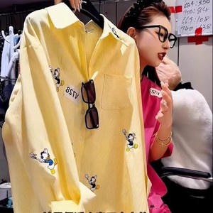 特大码300斤韩版卡通唐老鸭翻领条纹长袖衬衫黄色百搭宽松衬衣女