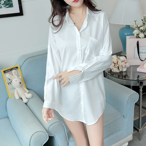 2024春韩版设计感小众衬衣女中长款BF风宽松睡衣洋气时尚白色衬衫