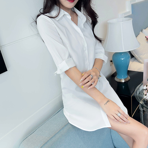 2024春季韩版新款中长款雪纺白衬衫女宽松显瘦衬衣设计感小众睡衣