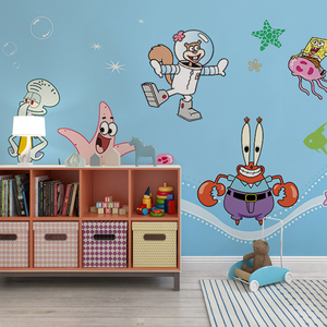 北欧海绵宝宝儿童房墙纸无缝卧室电视背景墙壁纸卡通墙布环保壁画