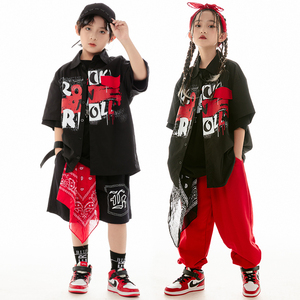 儿童街舞演出服装帅气黑色衬衫外套嘻哈男童hiphop女童爵士舞套装