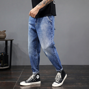 秋季微胖男生穿搭大码哈伦长裤子加肥加大潮胖人穿的牛仔裤男宽松
