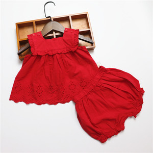 夏季女宝宝大红色纯棉薄款背心裙短裤两件套装女婴儿满月周岁礼服