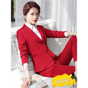 大红色职业装西服套装女韩版气质春秋时尚主持人小西装正装工作服