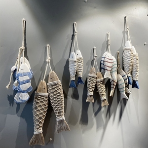 地中海木制鱼串壁饰做旧海洋系列装饰品仿古木雕刻鱼挂件墙面装饰