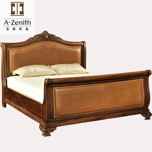 上海 亚振家居 美式六尺床 雪橇床 实木框架 榫卯结构 真皮靠包