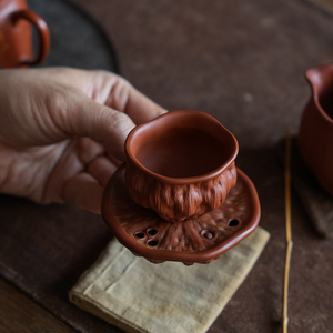 高端宜兴紫砂仿生 莲蓬茶杯 一杯一托 红泥 纯手工 主人杯 茶具