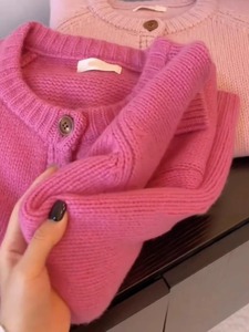 大牌外贸女装专柜撤回粉红色针织开衫上衣女秋冬复古日系毛衣外套