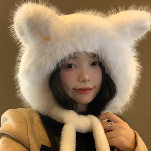 狐狸耳朵毛绒帽子女秋冬季韩版可爱加厚保暖雷锋帽骑车白色护耳帽