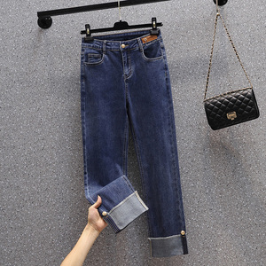外贸折扣大码翻边高腰直筒牛仔裤女胖mm宽松休闲弹力显瘦烟管裤子