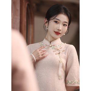 粉色中国风甜美旗袍夏季2024新款新中式改良版日常年轻款名媛少女