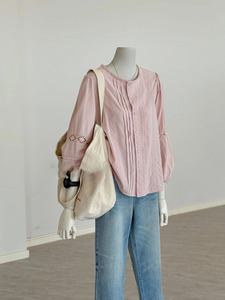 2024新款韩版宽松圆领设计蕾丝花边纯棉粉色衬衫女甜美风长袖上衣