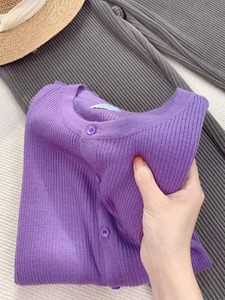 2022年新款早秋奶fufu的针织开衫紫色毛衣外套女装春秋慵懒风上衣