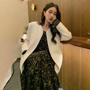 2022年新款白色粗花呢西装碎花裙轻奢高定连衣裙子套装女装早春季