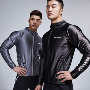 omg潮牌 未来科技亮面高弹力运动健身外套男士连帽训练健身衣服