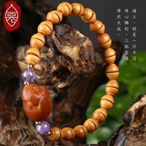 陆小琴核雕艺术馆纯手工雕刻橄榄核单籽金饭碗萌佛手链 小沙弥