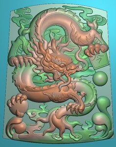 玉雕龙牌十二生肖龙挂件单龙玉佩龙爪球龙珠精雕图浮雕灰度图雕刻