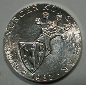 挪威1982年100克朗 奥拉夫五世国王 纪念 银币 24.73 g./33mm