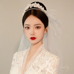 珍珠白纱新娘头饰高级感主头纱轻婚纱三件套皇冠仙气超仙森系法式
