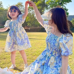 韩版亲子装连衣裙洋气短袖夏季新款薄款纯棉中长款显瘦母女装裙子