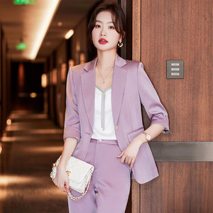 紫色醋酸西装外套女夏季新款小个子高级感时尚气质缎面西服套装女