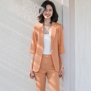 橙色西装外套女薄款夏季小个子2023新款气质休闲西服套装裤两件套