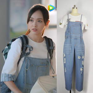 归去来明星唐嫣同款牛仔背带裤女2018夏磨破牛仔吊带裤九分裤女潮